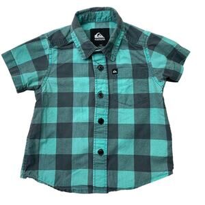 Quicksilver Boys 18M Button Up Short Sleeve Shirt Cotton Teal Aqua Black Plaid